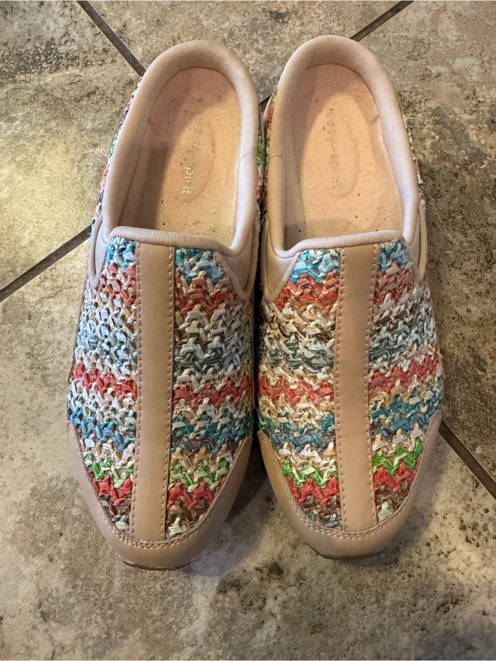 Casual Women's Slip-On Sneakers - Multicolor Woven with Tan Trim